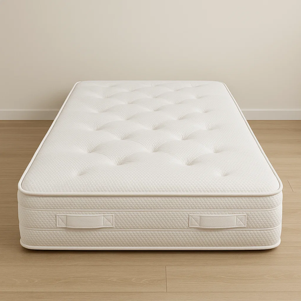 Hochwertige, klassische Federkernmatratze mit durchgesteppter Oberfläche und seitlichen Wendeschlaufen auf hellem Holzfußboden in neutralem Raum.